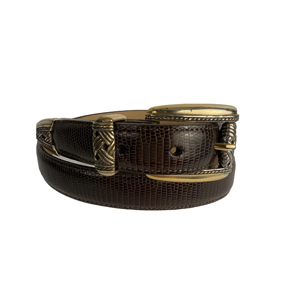 Brighton Women's L Leather Belt Brown‎ Two Tone Buckle Snake Pattern #38909 - Picture 1 of 6